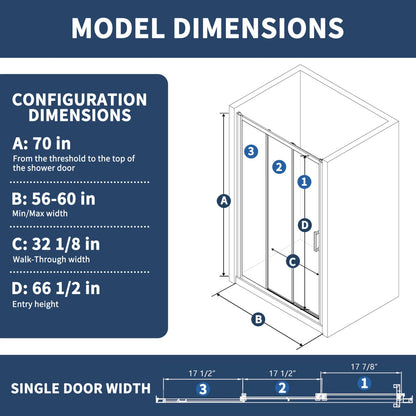 Nexus 56-60W x 70.H Easy Clean Framed Tri-Fold Sliding Shower Door with 1/4" (6mm) Clear SGCC Tempered Glass,Brushed Golde Finish