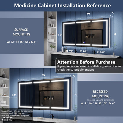 Illusion-B 72" x 36" LED Lighted Inset Mirrored Medicine Cabinet with Magnifiers Front and Back Light