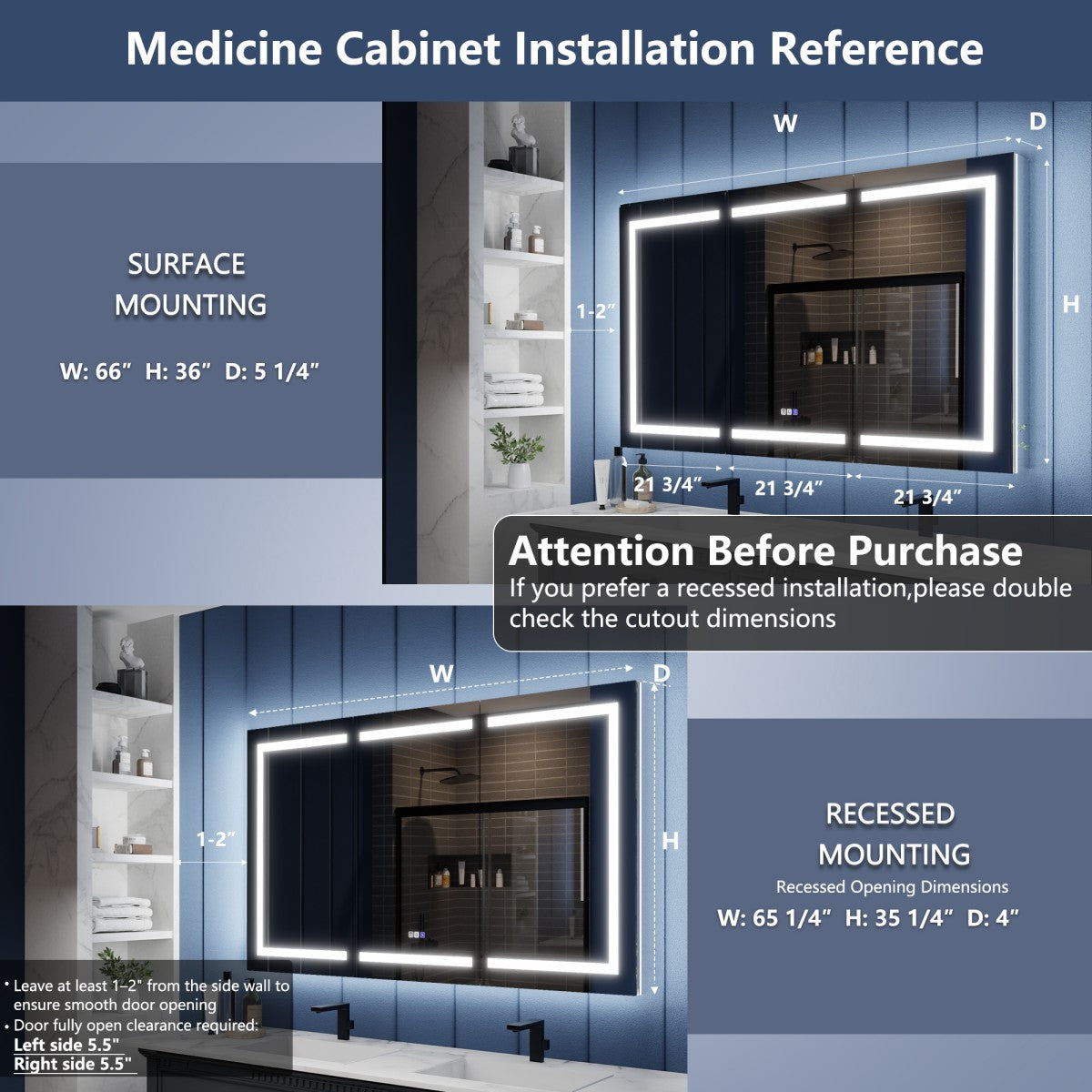 Illusion-B 66" x 36" LED Lighted Inset Mirrored Medicine Cabinet with Magnifiers Front and Back Light