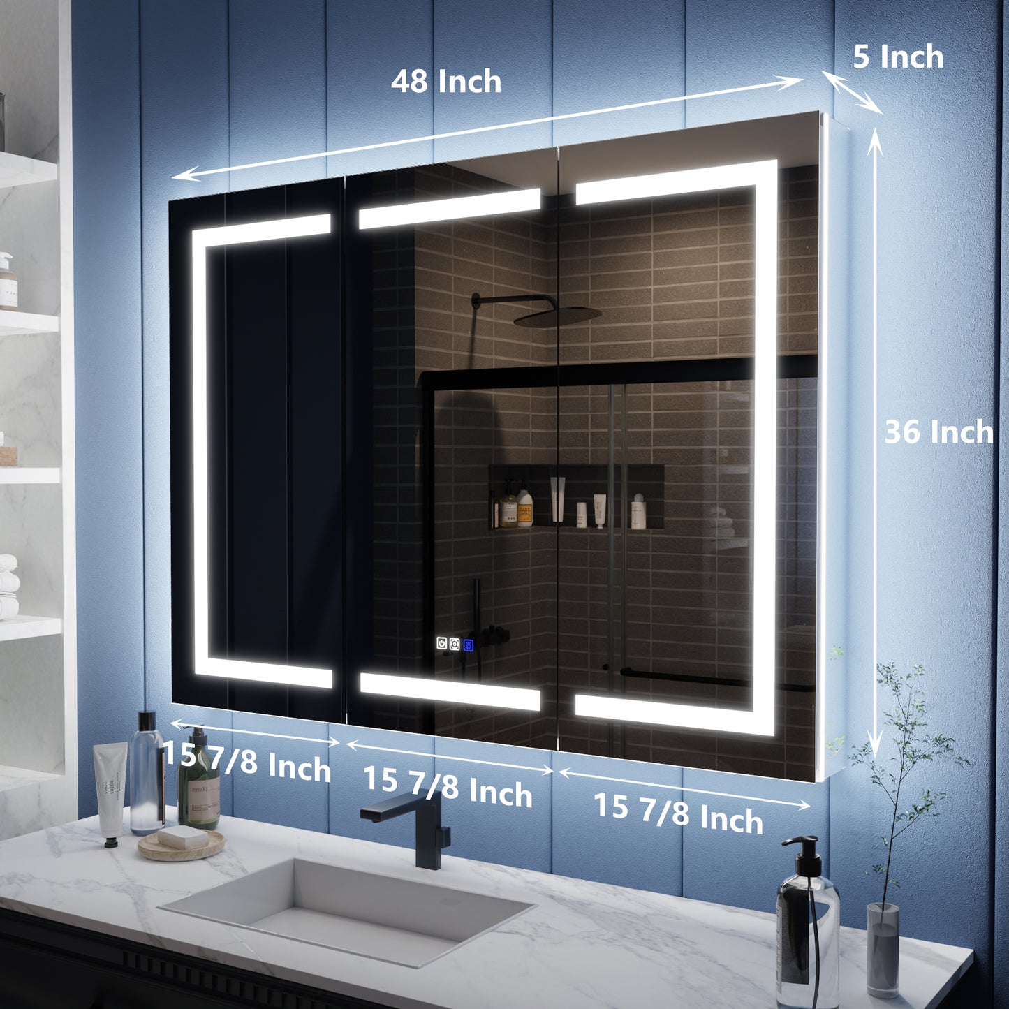 Illusion-B 48" x 36" LED Lighted Inset Mirrored Medicine Cabinet with Magnifiers Front and Back Light