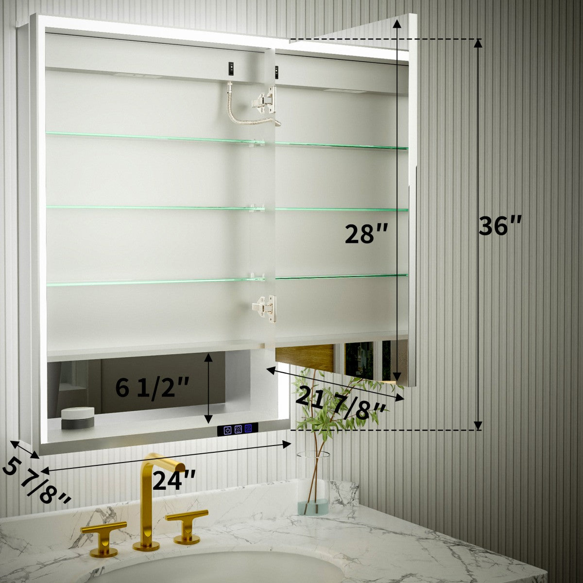 Ample 24" W x 36" H LED Lighted Chrome Medicine Cabinet with Mirror and Shelves for Bathroom Recessed or Surface Mount, Right Hinge