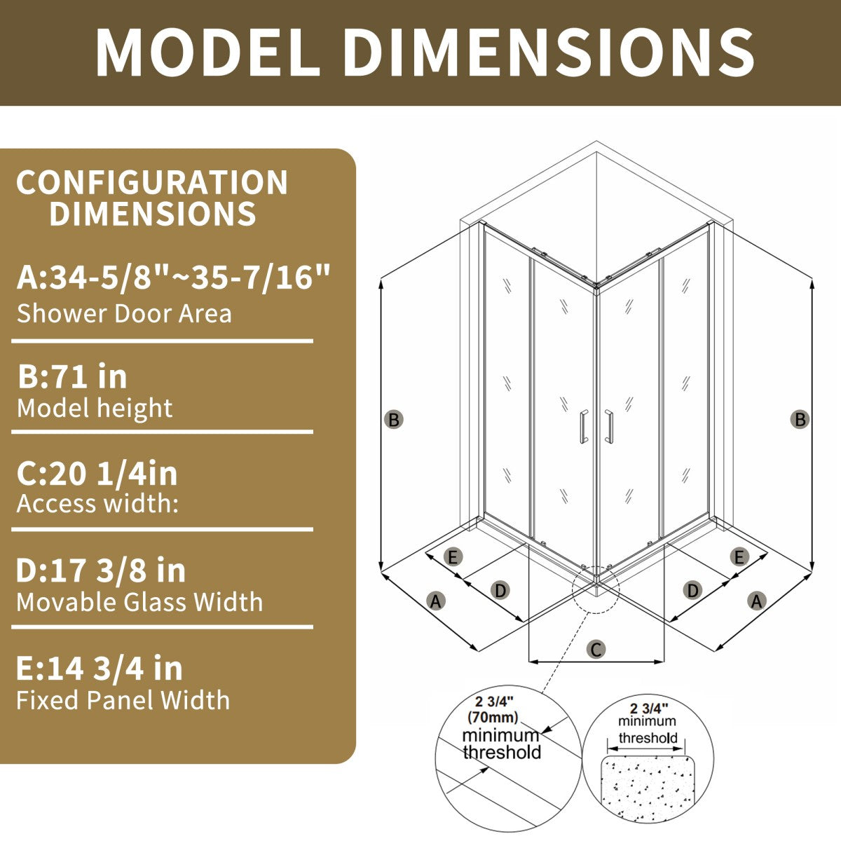 Haven 36" x 72" Corner Shower Enclosure,6mm Clear Glass,Double Sliding Shower Doors,Brushed Gold,Not Base,Adjustable