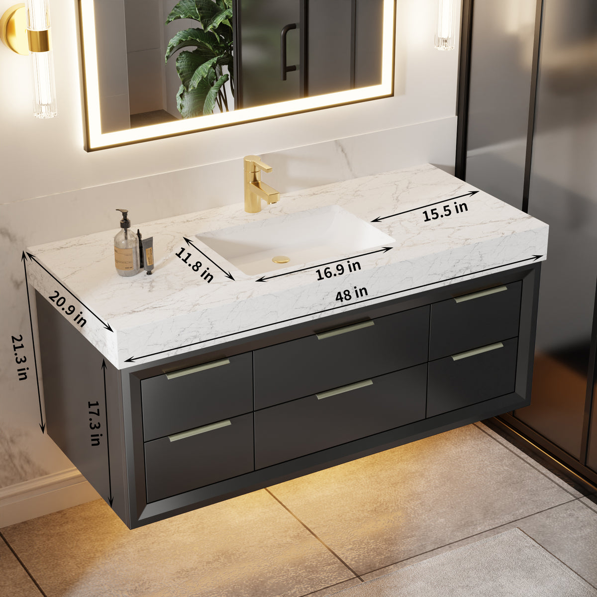 Glam 48 Inch Bathroom Vanity with Top - Modern Floating Black Rubberwood Cabinet with Lights and Stone Slab Countertop, Single Sink