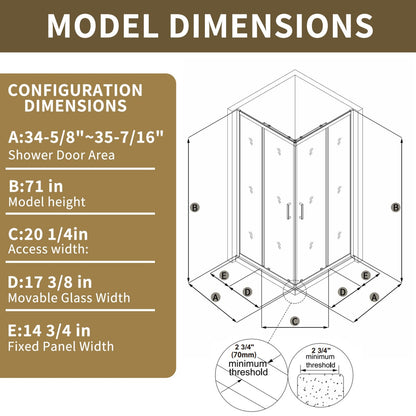 Haven-S 36" x 72" Corner Shower Enclosure,6mm Clear Glass,Double Sliding Shower Doors,White,Not Base,Adjustable