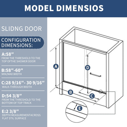 Glide-Bpro 58-60 in.Semi-Frameless Double Sliding Tub Door,Bypass Bathtub Shower Tempered Glass Door,Matte Black,Explosion-Proof Film