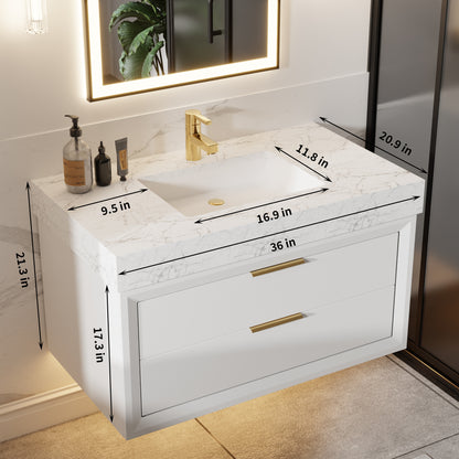 Glam 36" Modern White Bathroom Vanity with Floating Design, Lights, Stone Slab Countertop, and Single Sink