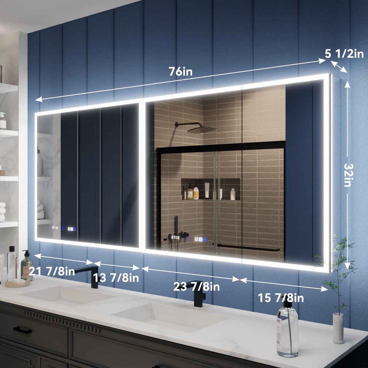 Illusion 76" x 32" LED Light Medicine Cabinet with Magnifiers Front and Back Light