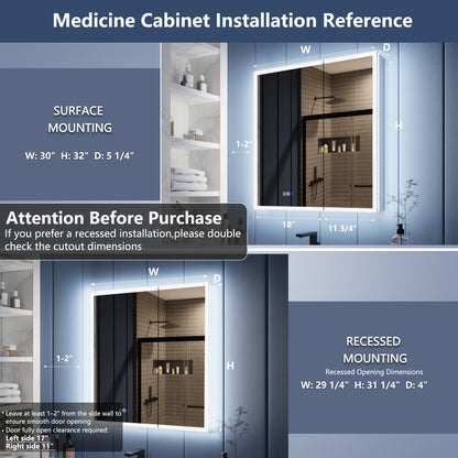 Illusion 30" x 32" LED Lighted Medicine Cabinet with Magnifiers Front and Back Light
