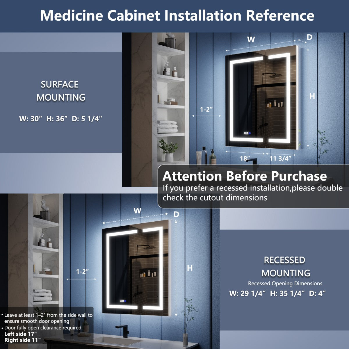 Illusion-B 30" x 36" LED Lighted Inset Mirrored Medicine Cabinet with Magnifiers Front and Back Light