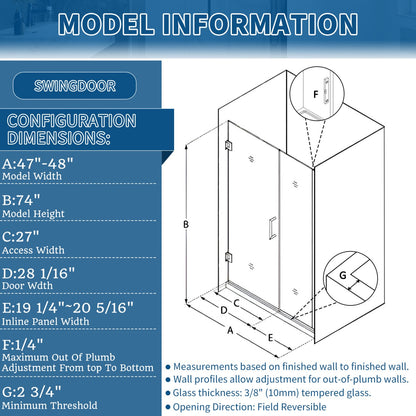 47-48" x 74" Pivot Frameless Shower Door,Brushed Gold,Easy clean|ExBrite Valor Series