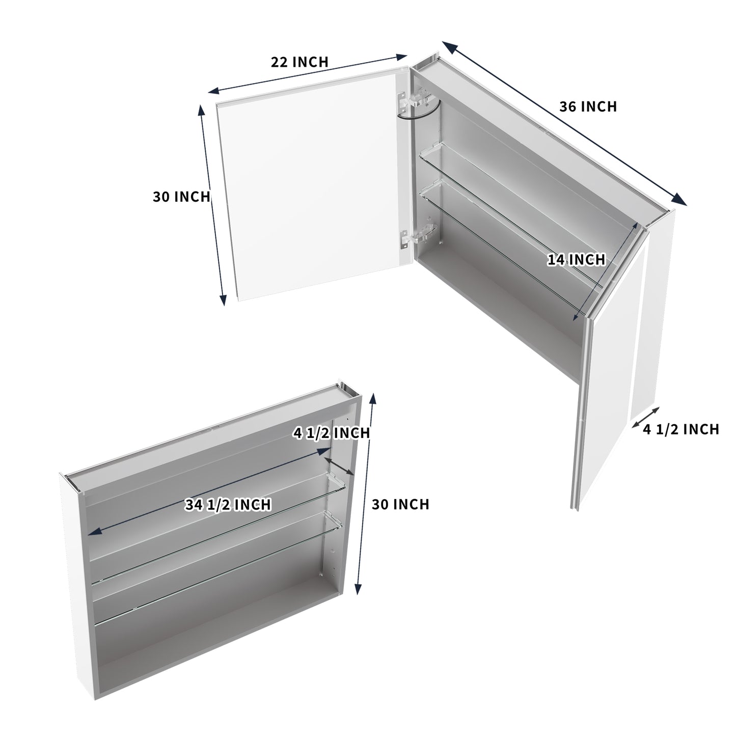 ExBrite 36"W x 30"H LED Medicine Cabinet with Anti-Fog, Stepless Color Temperature and Dimming, Adjustable Shelves, Aluminum Frame, Recessed or Surface Mount - ExBriteUSA