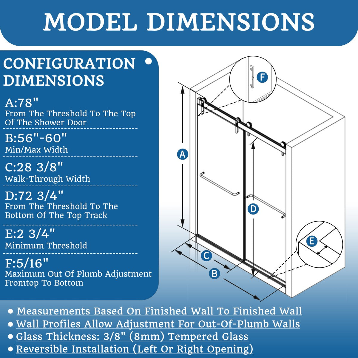 Detailed dimension diagram: 56"-60"W x 78"H adjustable sliding shower door with walk-through width and reversible installation specs.