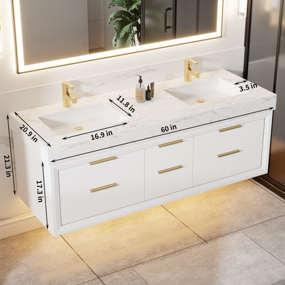 Glam 60" Modern White Vanity 60 with Rubberwood Bathroom Cabinet, Dual Sinks, Lights, and Stone Slab Countertop