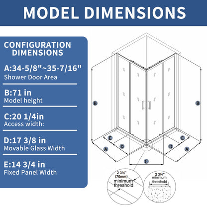 Haven 36" x 72" Matte Black Corner Shower Enclosure,6mm Clear Glass,Double Sliding Shower Doors,Not Base,Adjustable