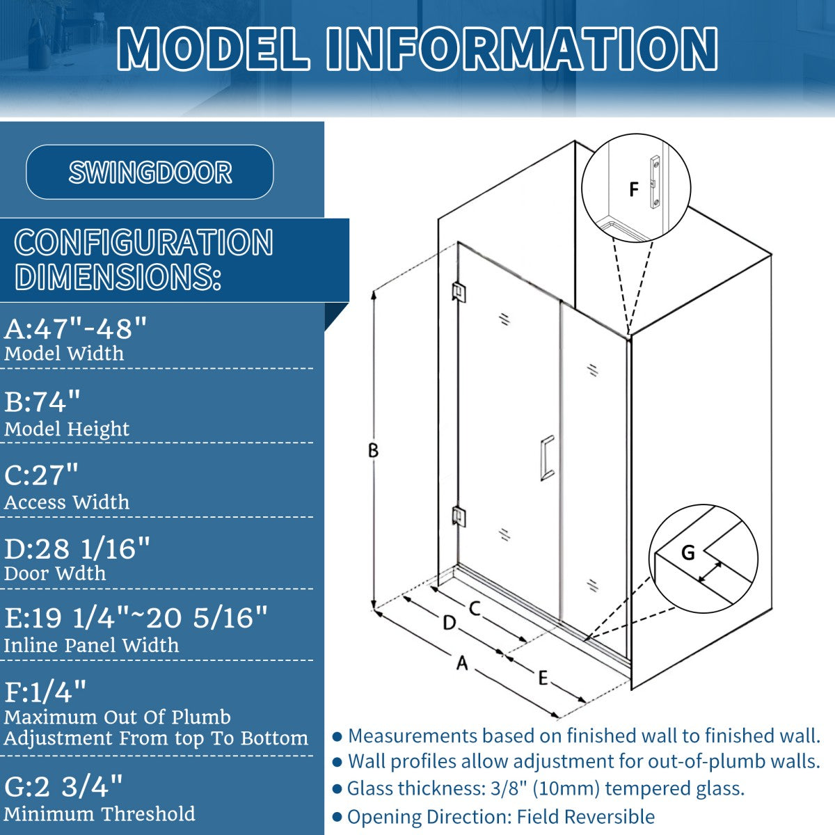 47-48" x 74" Pivot Frameless Shower Door,Chrome,Easy clean|ExBrite Valor Series