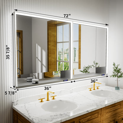 Ample 72" W x 36" H Wall Mounted Bathroom Medicine Cabinets with LED Lights, Mirror, and Shelves for Recessed or Surface Mount