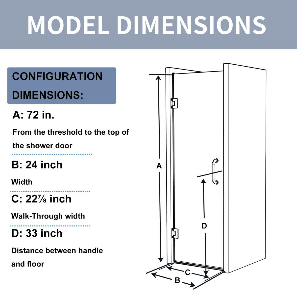 Valor Shower Door 24in.W x 72in.H Semi-Frameless Hinged Shower Door,Shower Room Glass Door with Clear Tempered Shower Glass Panel,Chrome