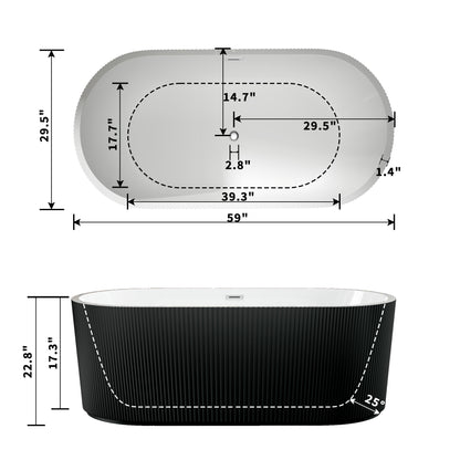 WSP-CH Exbrite 59' Acrylic Freestanding Bathtub, Unique Pleated Design, Glossy black, Chrome Overflow and Pop-Up Drain, cUPC Certified