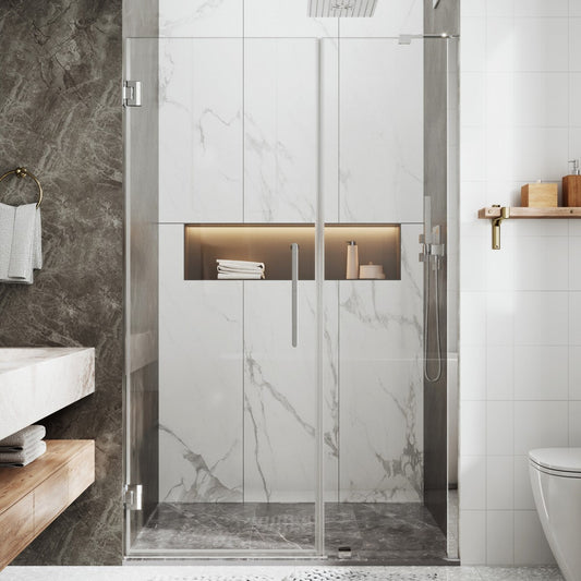 47-48" x 74" Frameless Pivot Shower Door, Chrome Finish, Easy Clean | ExBrite Valor Series