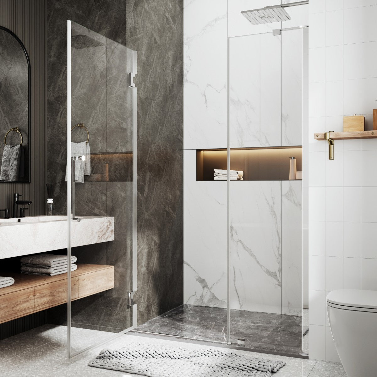 47-48" x 74" Frameless Pivot Shower Door, Chrome Finish, Easy Clean | ExBrite Valor Series