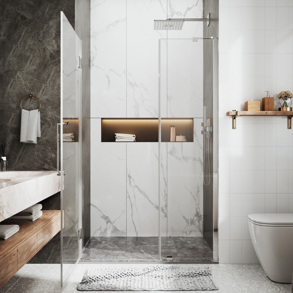 47-48" x 74" Frameless Pivot Shower Door, Chrome Finish, Easy Clean | ExBrite Valor Series
