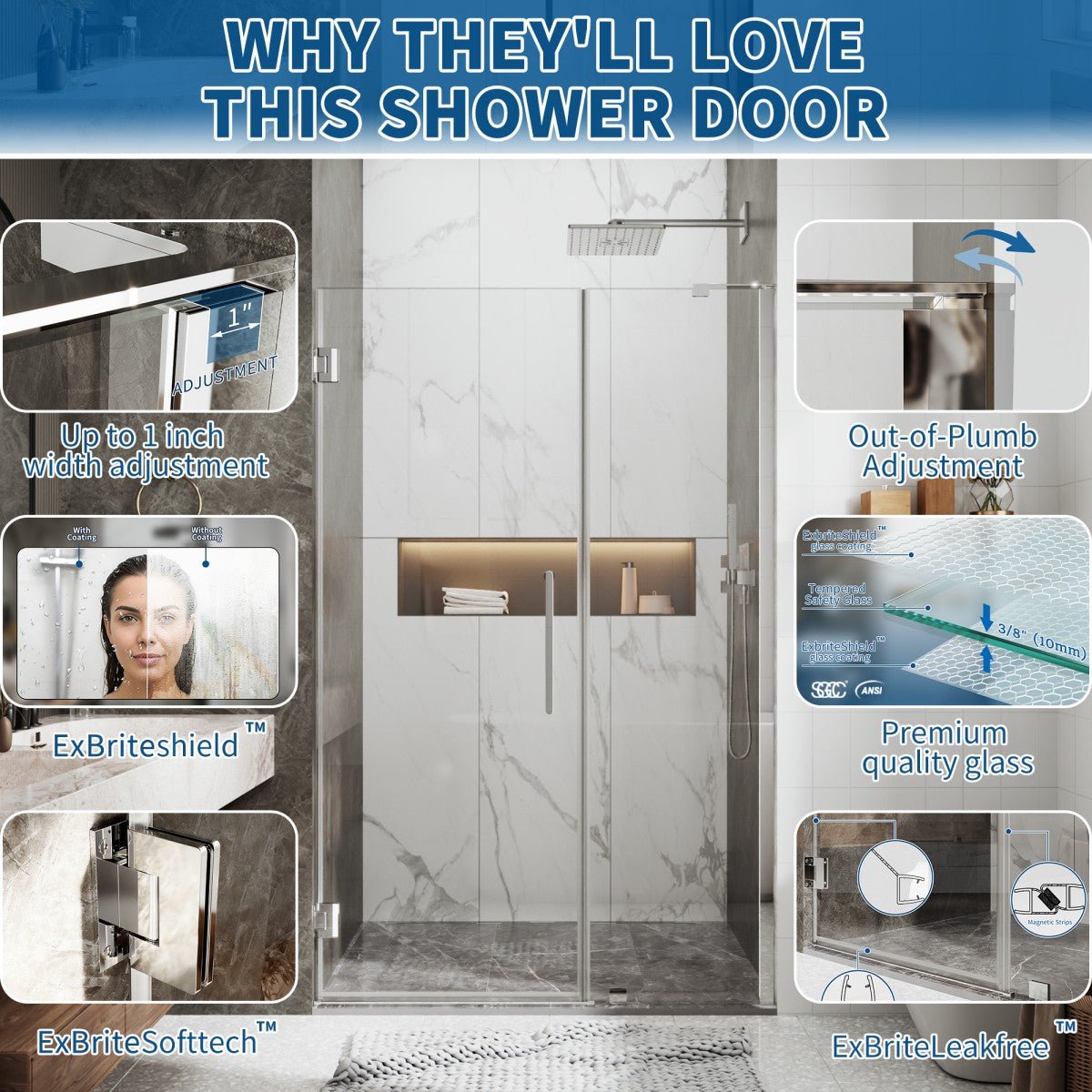 Glass shower door with features highlighted and a bathroom setting.