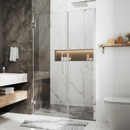 47-48" x 74" Frameless Pivot Shower Door, Chrome Finish, Easy Clean | ExBrite Valor Series