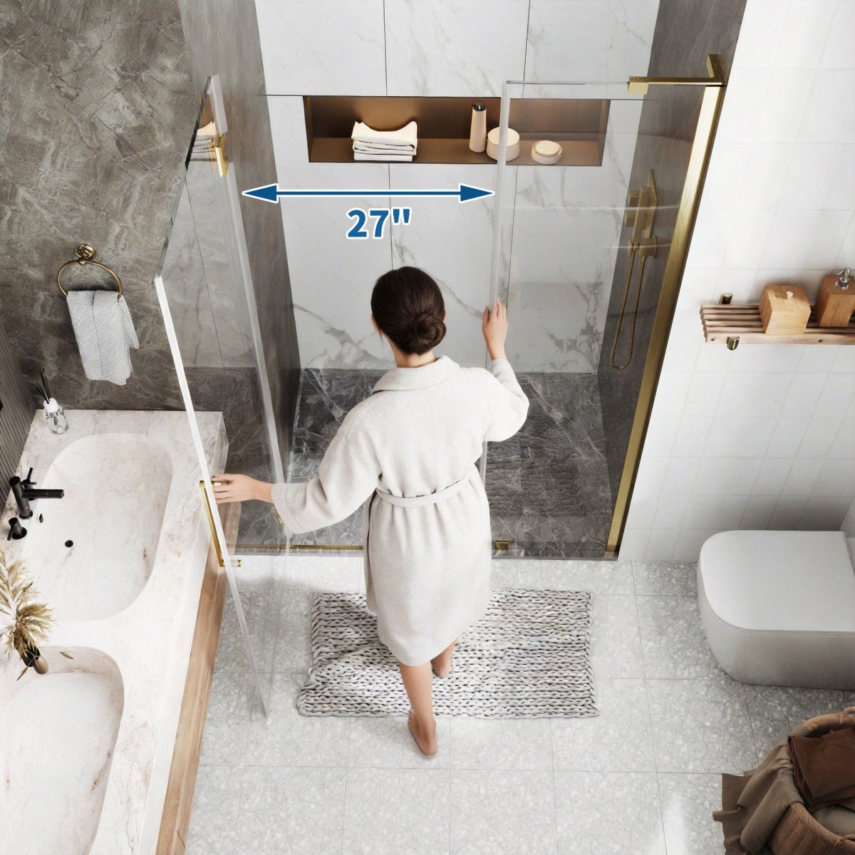47-48" x 74" Pivot Frameless Shower Door,Brushed Gold,Easy clean|ExBrite Valor-N Series