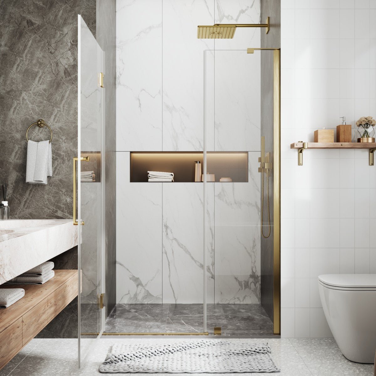 47-48" x 74" Pivot Frameless Shower Door,Brushed Gold,Easy clean|ExBrite Valor-N Series
