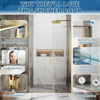47-48" x 74" Pivot Frameless Shower Door,Brushed Gold,Easy clean|ExBrite Valor-N Series