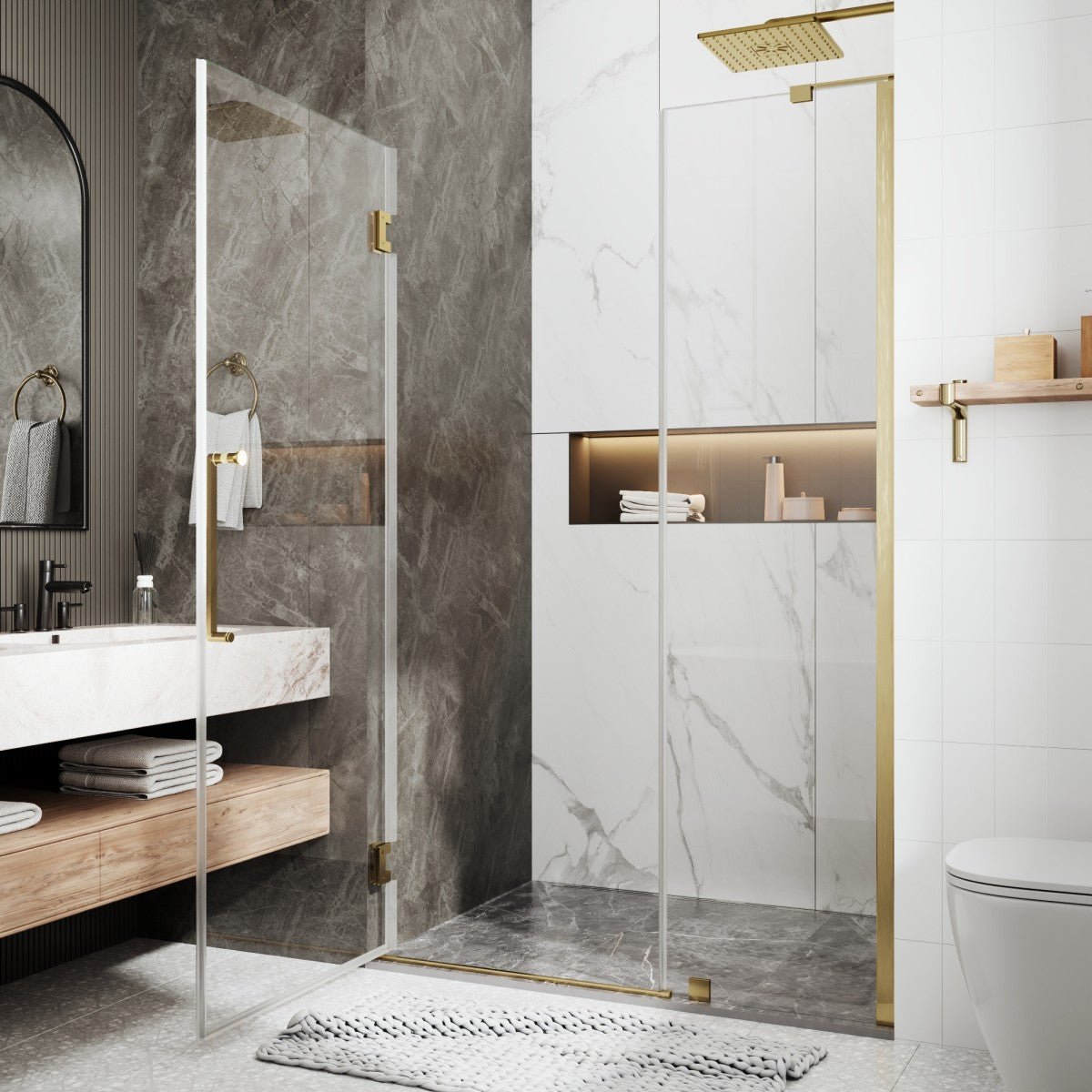 47-48" x 74" Pivot Frameless Shower Door,Brushed Gold,Easy clean|ExBrite Valor-N Series