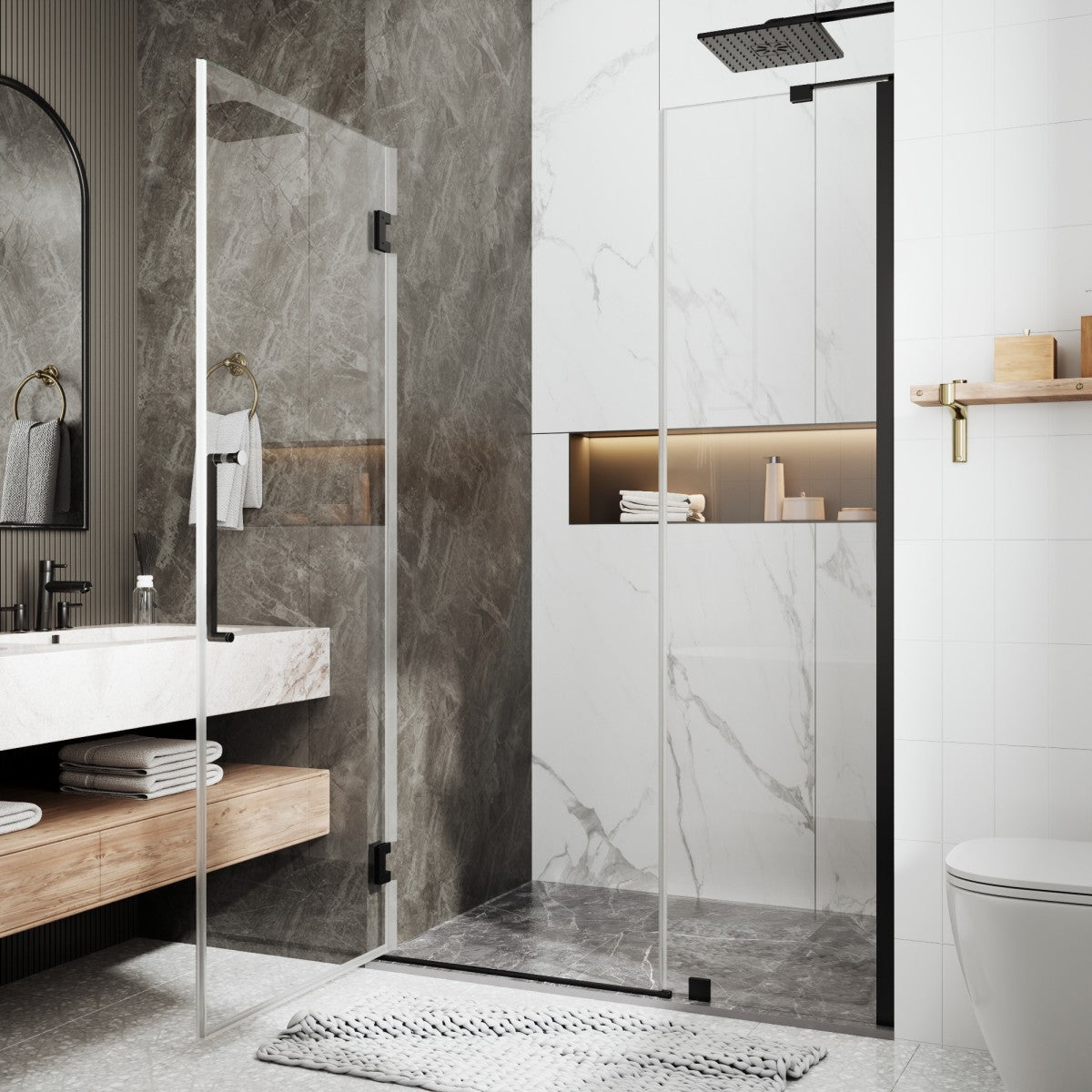 47-48" x 74" Pivot Frameless Shower Door,Matte Black,Easy clean|ExBrite Valor-N Series