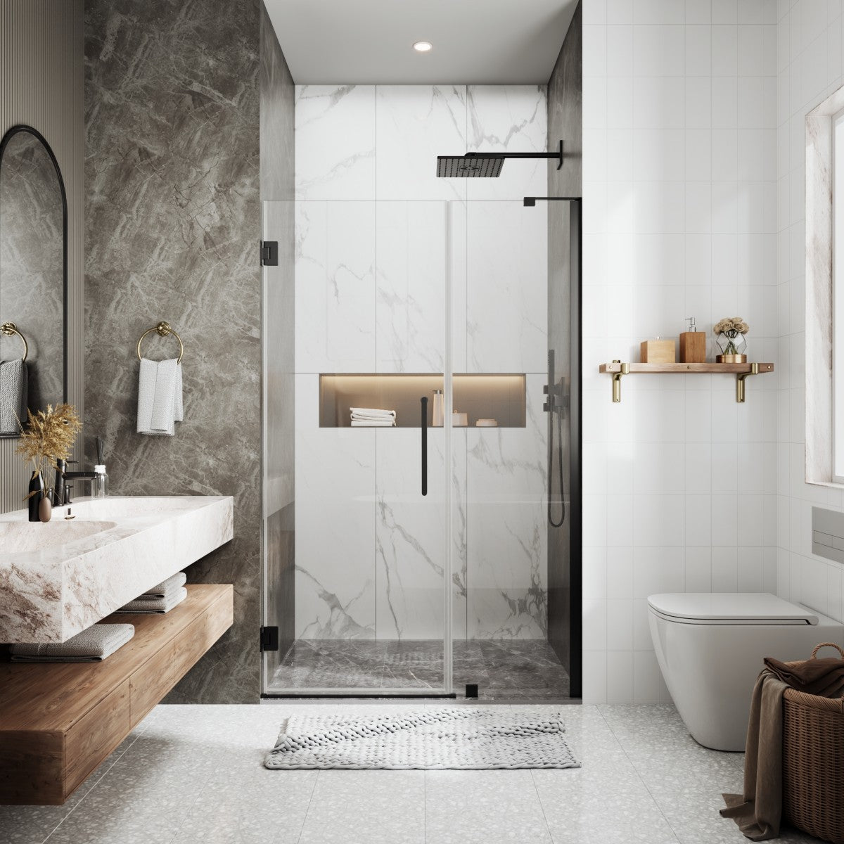 Modern bathroom with glass shower enclosure, marble walls, and wooden bench.