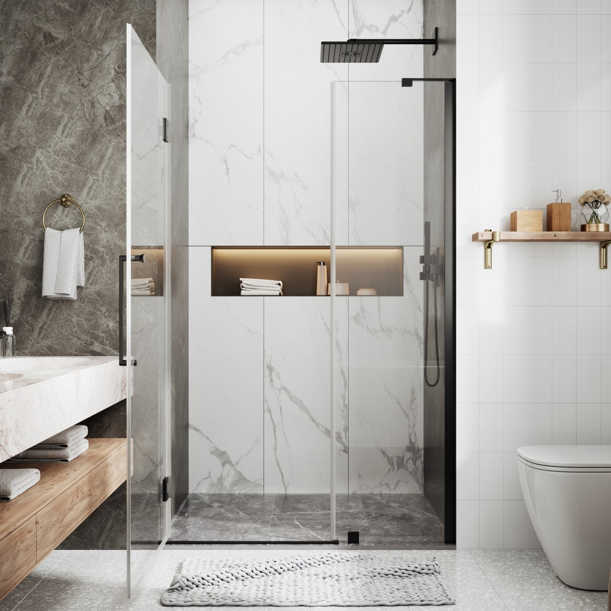 47-48" x 74" Pivot Frameless Shower Door,Matte Black,Easy clean|ExBrite Valor-N Series