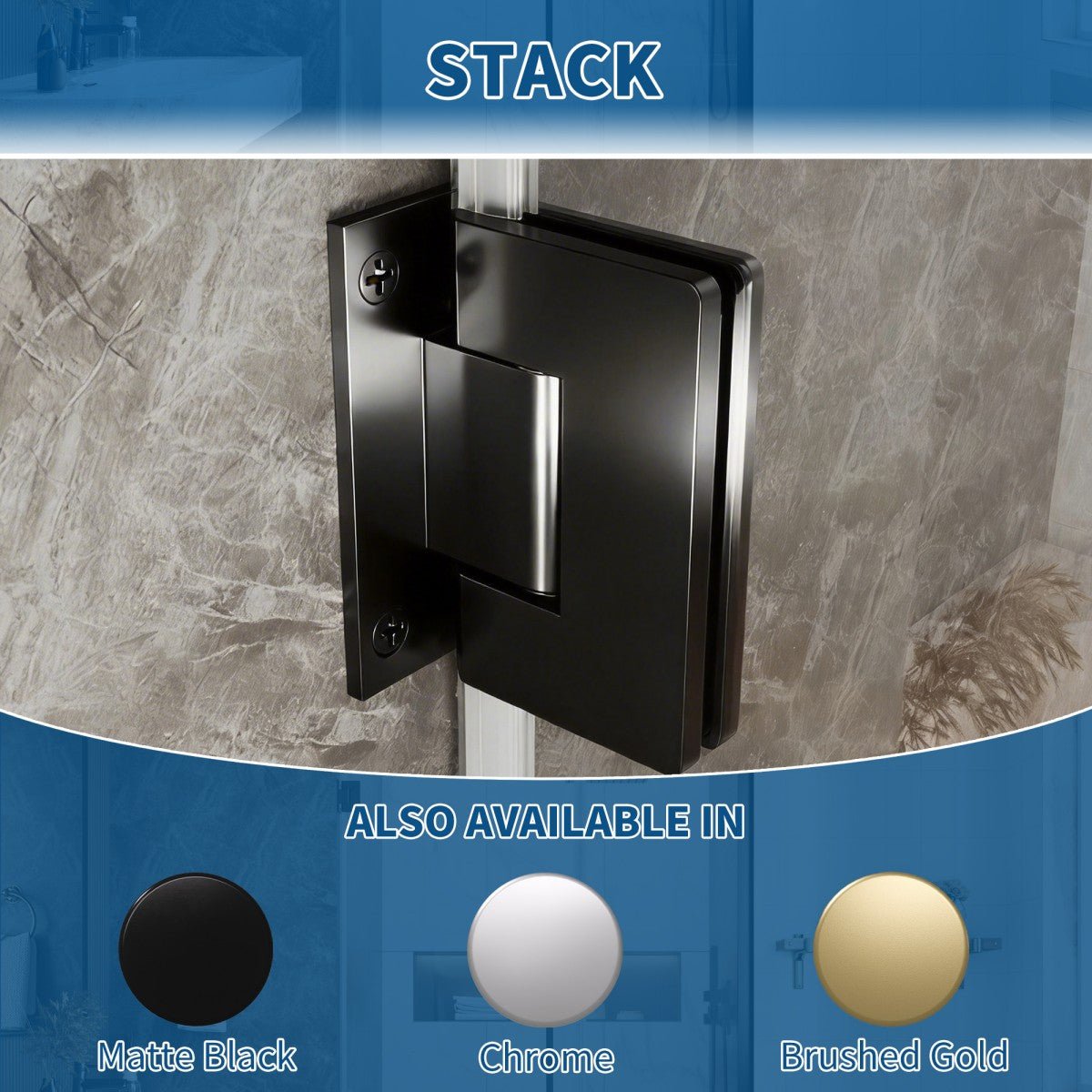 Black shower door handle mounted on a tiled wall with color options displayed below.