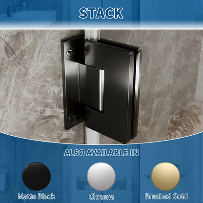 Black shower door handle mounted on a tiled wall with color options displayed below.