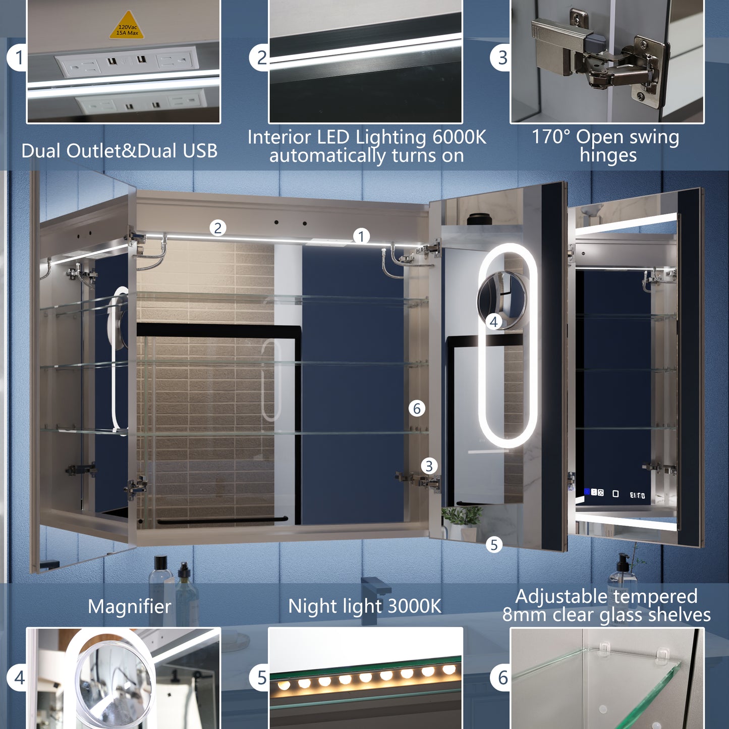 Illusion 48" x 36" LED Lighted Medicine Cabinet with Magnifiers Front and Back Light - ExBriteUSA