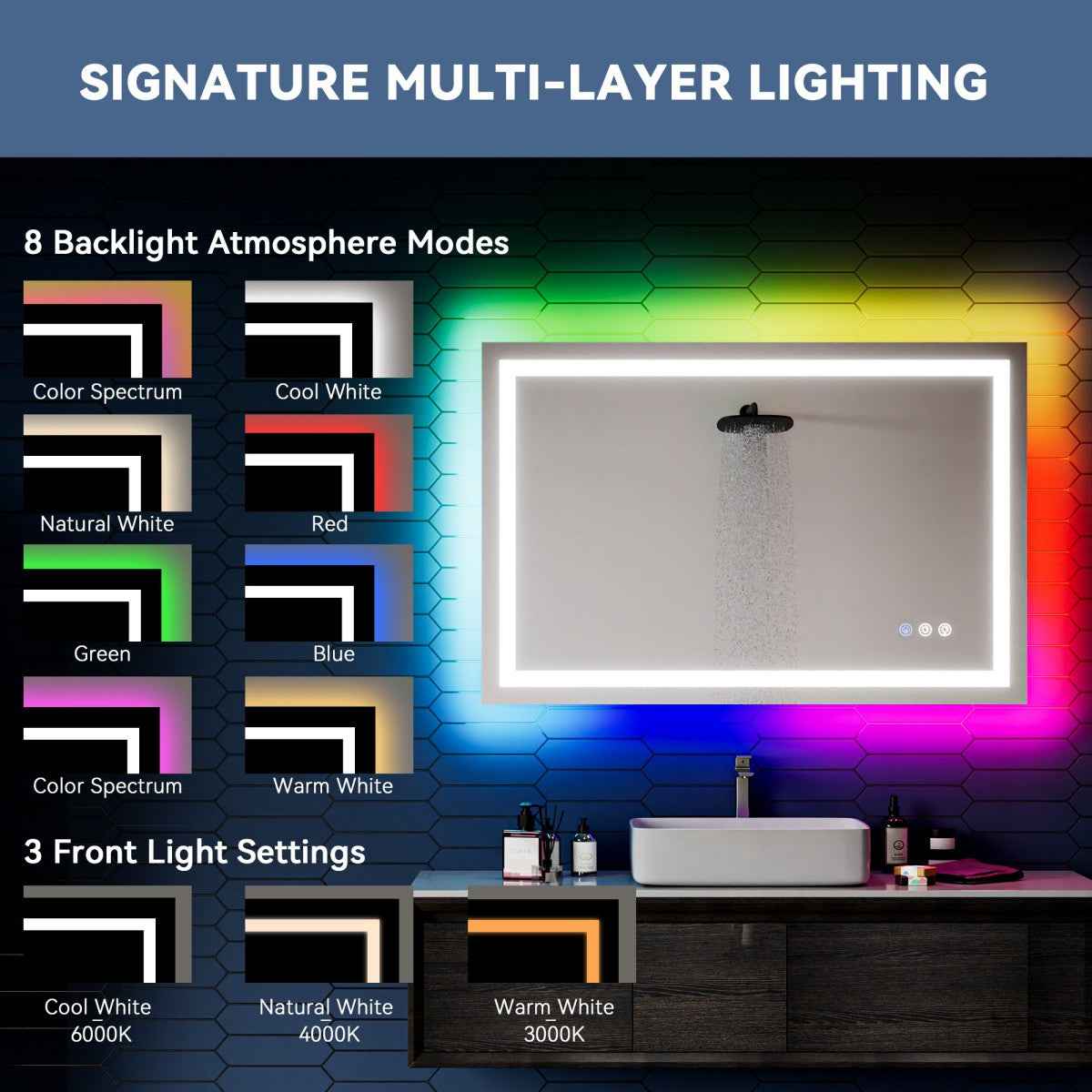48"x 32" RGB Smart LED Bathroom Mirror–Color Changing Backlit Mirror with Anti-Fog & Dimmable Touch Control|Exbrite DYLUX