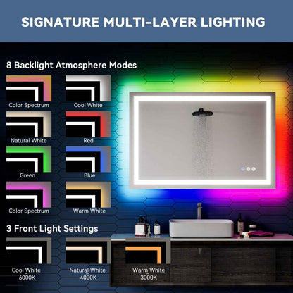 48"x 32" RGB Smart LED Bathroom Mirror–Color Changing Backlit Mirror with Anti-Fog & Dimmable Touch Control|Exbrite DYLUX