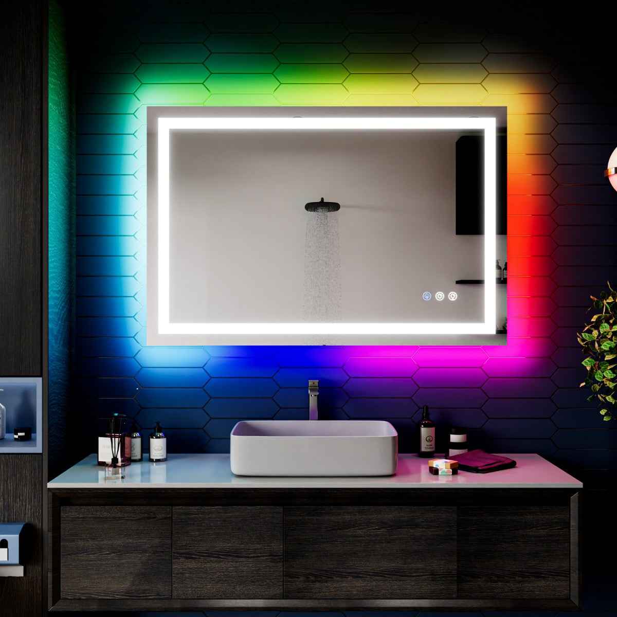 48"x 32" RGB Smart LED Bathroom Mirror–Color Changing Backlit Mirror with Anti-Fog & Dimmable Touch Control|Exbrite DYLUX