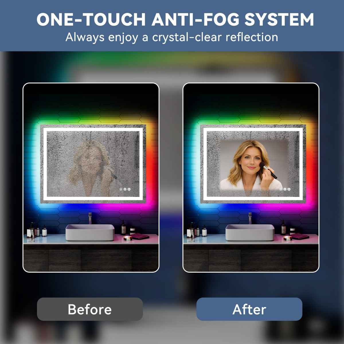 48"x 32" RGB Smart LED Bathroom Mirror–Color Changing Backlit Mirror with Anti-Fog & Dimmable Touch Control|Exbrite DYLUX
