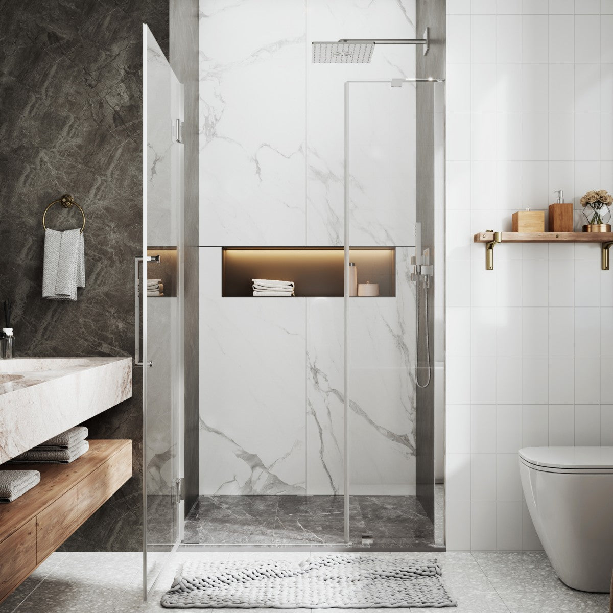 41-42" x 74" Pivot Frameless Shower Door,Chrome,Easy clean|ExBrite Valor Series