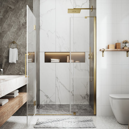 47-48" x 74" Pivot Frameless Shower Door,Brushed Gold,Easy clean|ExBrite Valor Series