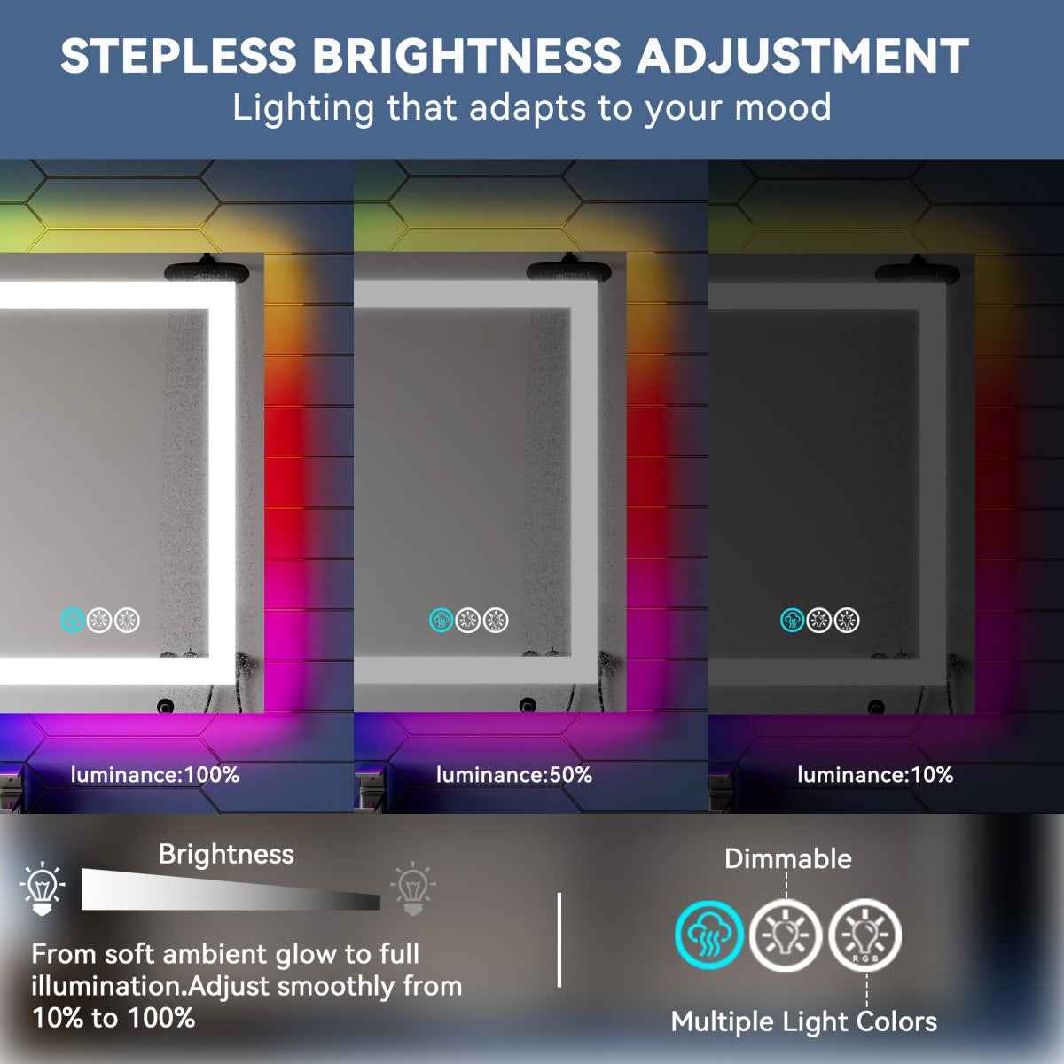 32"x 24" RGB Smart LED Bathroom Mirror–Color Changing Backlit Mirror with Anti-Fog & Dimmable Touch Control|Exbrite DYLUX