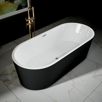 WSP-NK Exbrite 67' Acrylic Freestanding Bathtub, Unique Pleated Design, Glossy Black, Brushed Nickel  Overflow and Pop-Up Drain, cUPC Certified