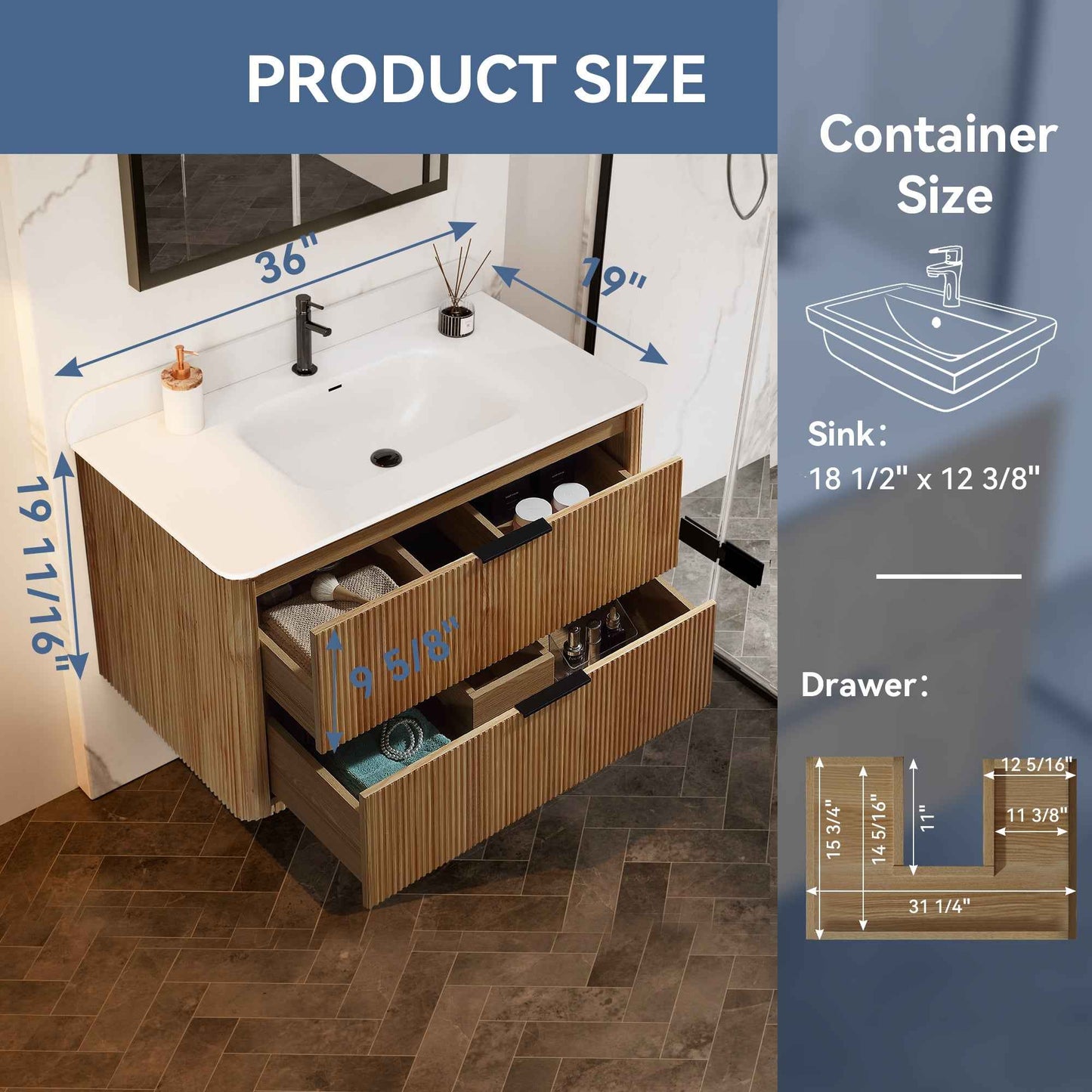 36 inch Floating Bathroom Vanity with Sink, Pre-Assembled, Wall Mounted Plywood Bathroom Storage Cabinet with Safety Rounded,Large Soft-Close Fluted Drawers & Metal Handles