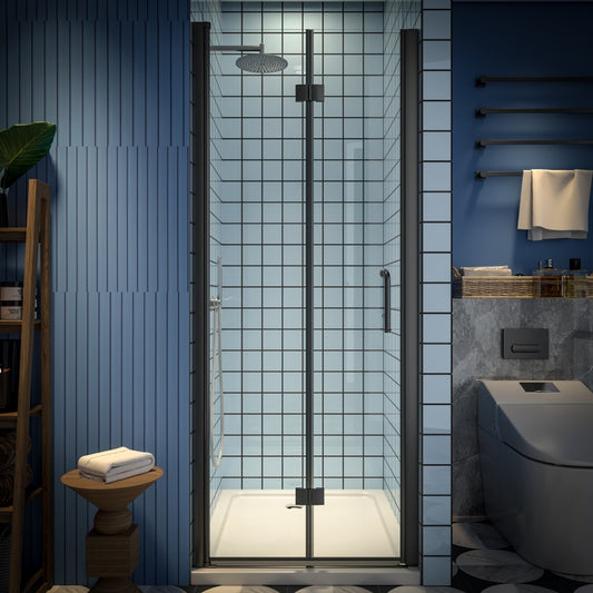 Exbrite Adapt Bifold Shower Door 30-32 in.W x 72 in.H Pivot Swing Shower Doors,Matte Black,Tempered Shower Glass