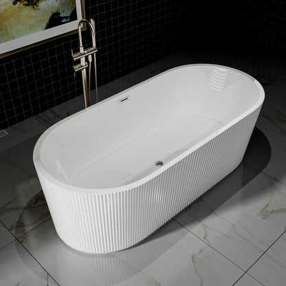 WSP-NK Exbrite 67' Acrylic Freestanding Bathtub, Unique Pleated Design, Glossy White,  Brushed Nickel  Overflow and Pop-Up Drain, cUPC Certified