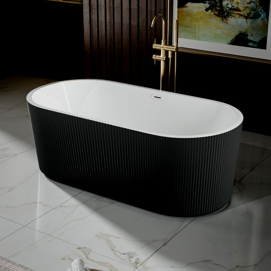 WSP-CH Exbrite 59' Acrylic Freestanding Bathtub, Unique Pleated Design, Glossy black, Chrome Overflow and Pop-Up Drain, cUPC Certified