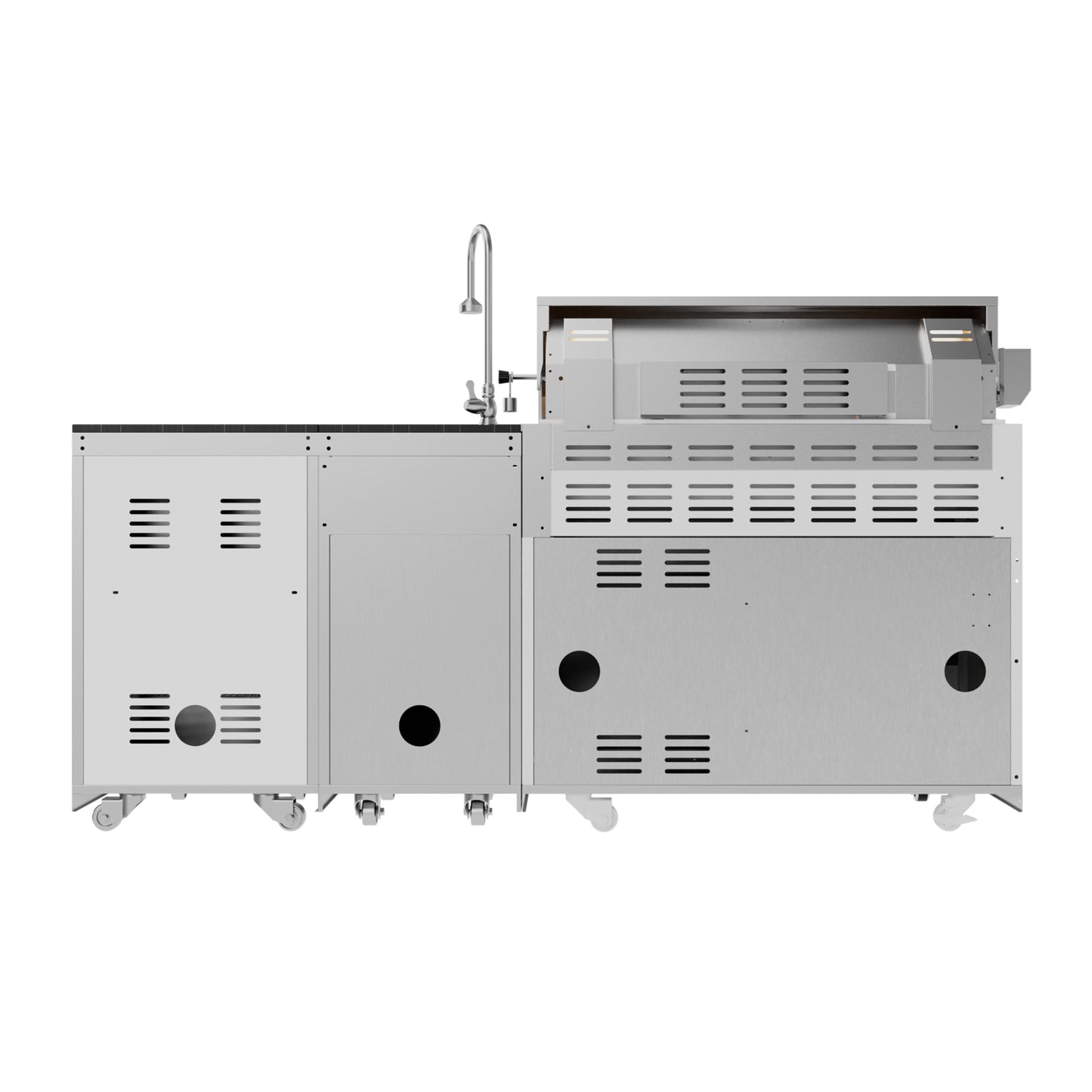 Outdoor Kitchen Island 82.5 Inch 6 Burner Propane Gas BBQ Grill 83500 BTU 304 Stainless Steel Silver Color With CSA, ETL Certification + Sink + Refrigerator